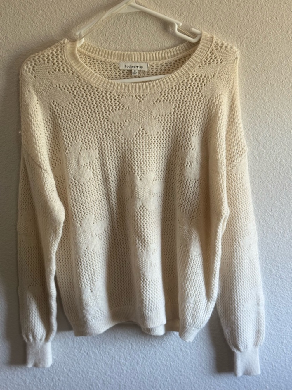 Hooked Up by IOT Cream Open-Weave Floral Knit Sweater